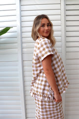 Amalfi Short Sleeve Top In Cotton Gingham Latte