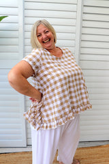 Amalfi Short Sleeve Top In Cotton Gingham Latte