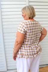 Amalfi Short Sleeve Top In Cotton Gingham Latte