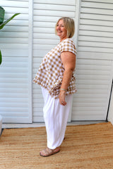 Amalfi Short Sleeve Top In Cotton Gingham Latte