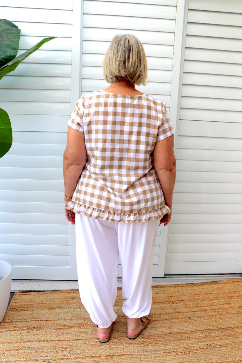 Amalfi Short Sleeve Top In Cotton Gingham Latte