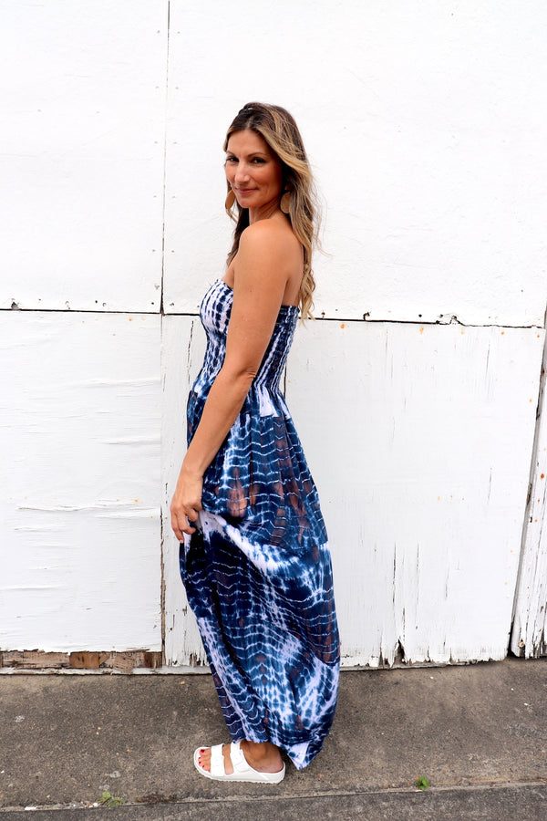 Long Strapless Beach Dress in Navy Tie Dye