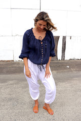 Coastal Cotton Long Sleeve Top - Navy