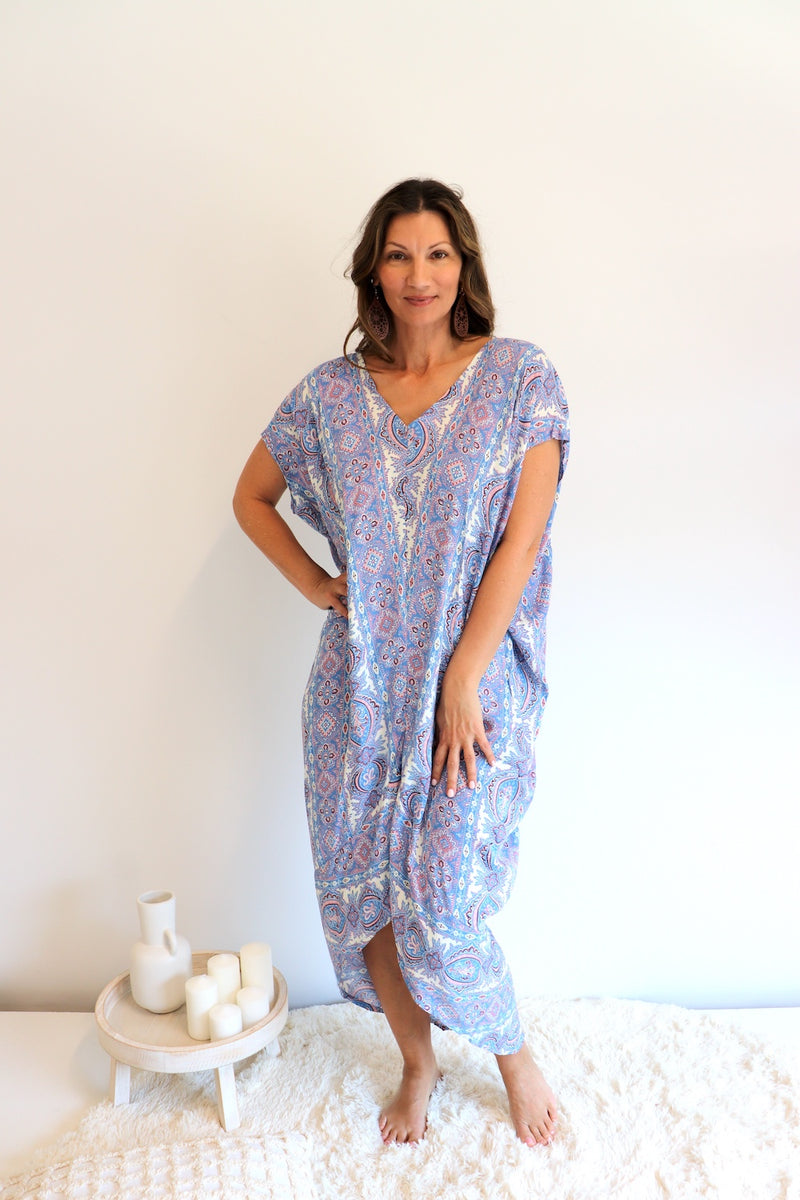 Island Holiday High Low Dress In Blue Paisley