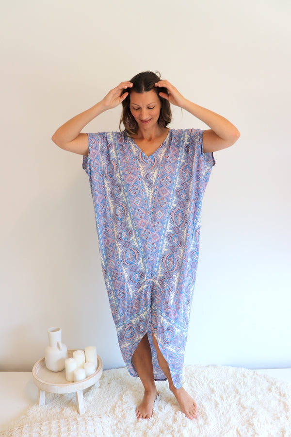 Island Holiday High Low Dress In Blue Paisley