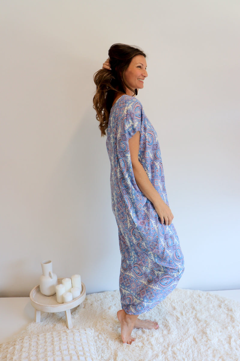 Island Holiday High Low Dress In Blue Paisley