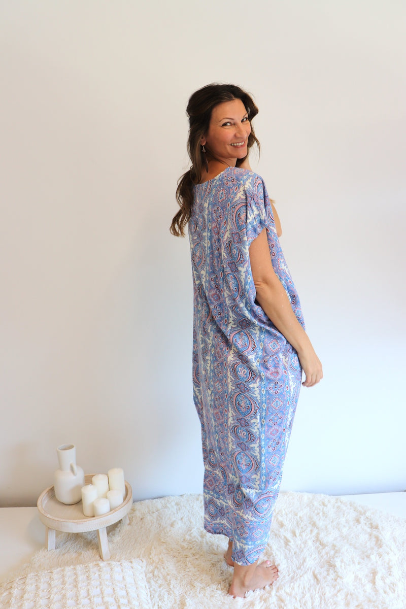 Island Holiday High Low Dress In Blue Paisley