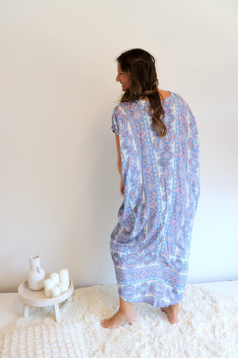Island Holiday High Low Dress In Blue Paisley