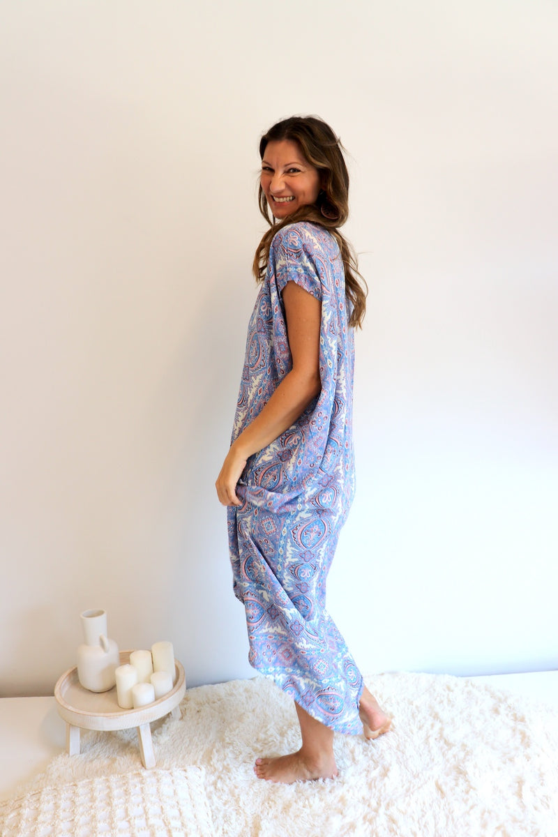 Island Holiday High Low Dress In Blue Paisley