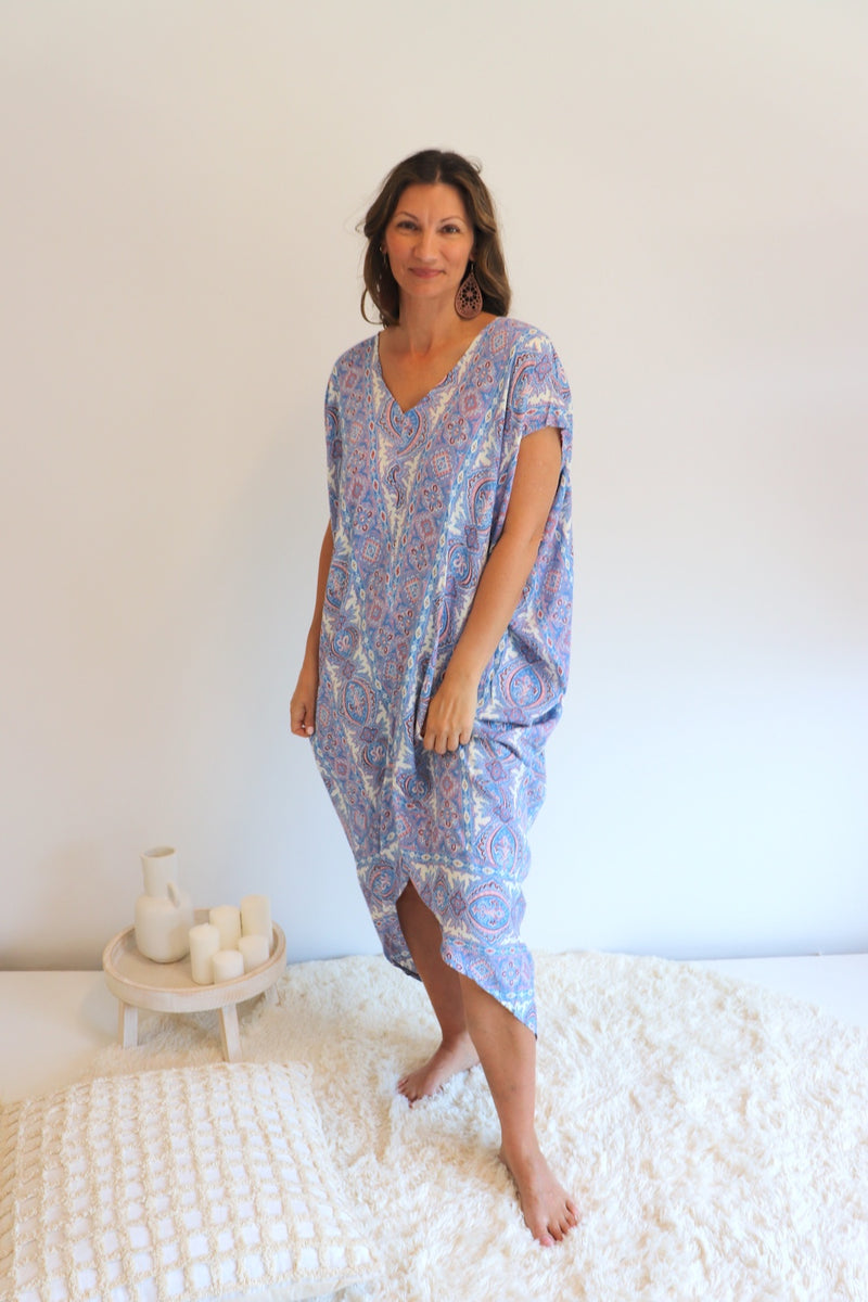 Island Holiday High Low Dress In Blue Paisley