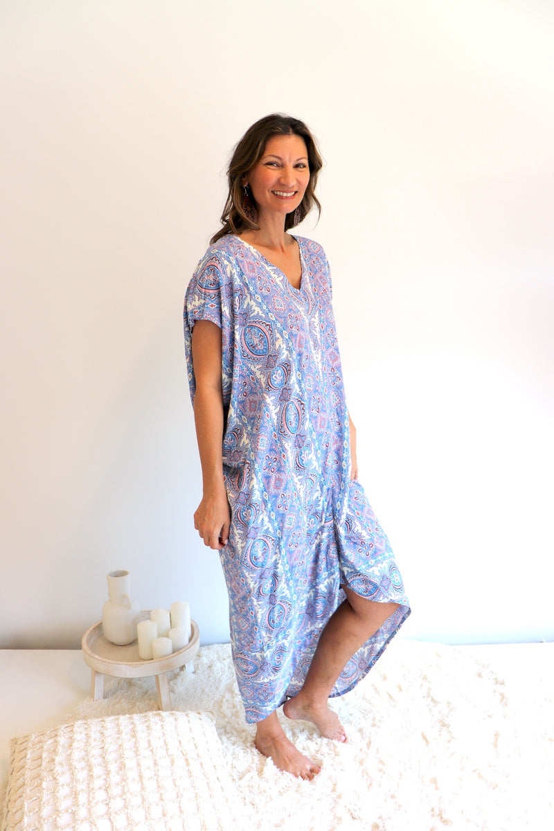 Island Holiday High Low Dress In Blue Paisley