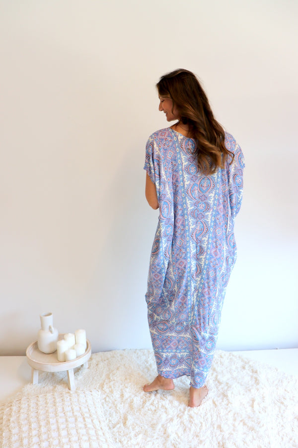 Island Holiday High Low Dress In Blue Paisley