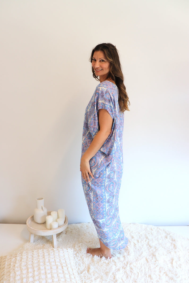 Island Holiday High Low Dress In Blue Paisley