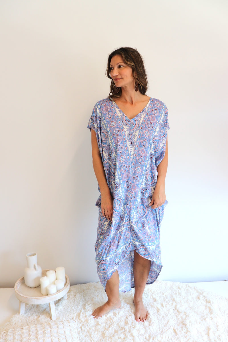 Island Holiday High Low Dress In Blue Paisley