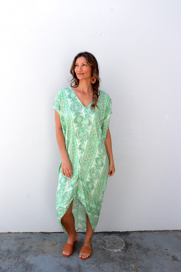 Island Holiday High Low Dress In Green Paisley