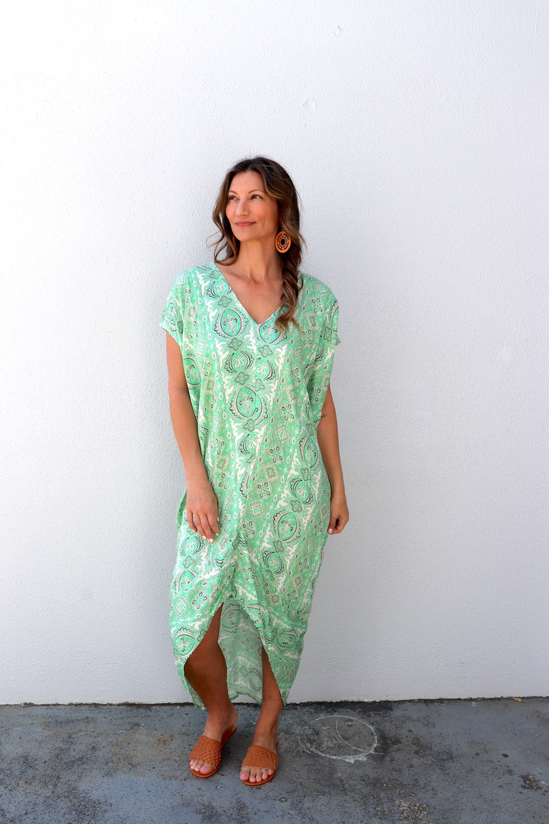 Island Holiday High Low Dress In Green Paisley