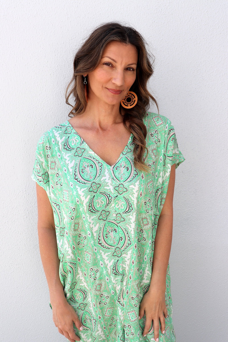 Island Holiday High Low Dress In Green Paisley
