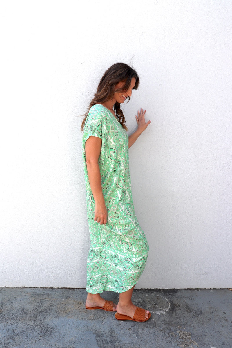 Island Holiday High Low Dress In Green Paisley