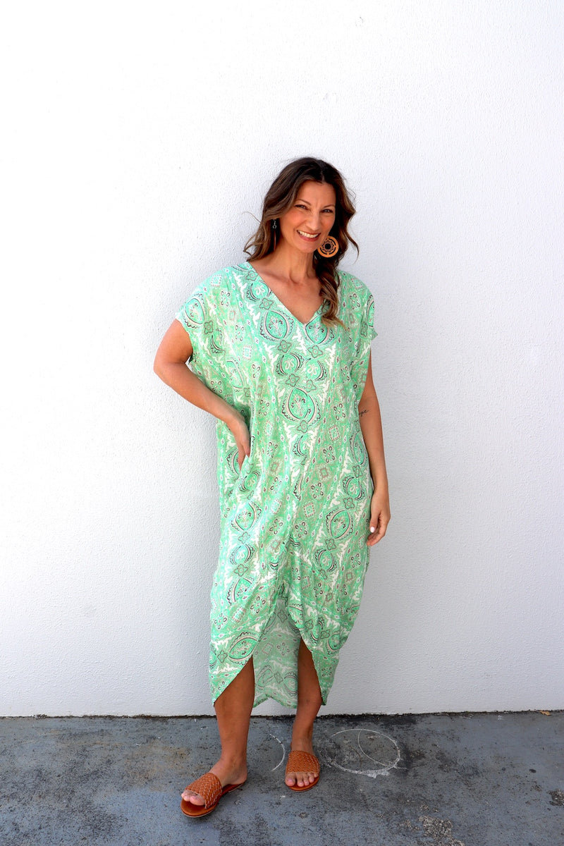 Island Holiday High Low Dress In Green Paisley