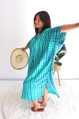 Long Kaftan In Aqua Tie Dye