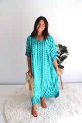 Long Kaftan In Aqua Tie Dye