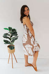 Strapless Beach Dress/Skirt in White/Taupe Leaf