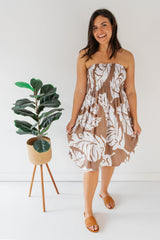 Strapless Beach Dress/Skirt in White/Taupe Leaf