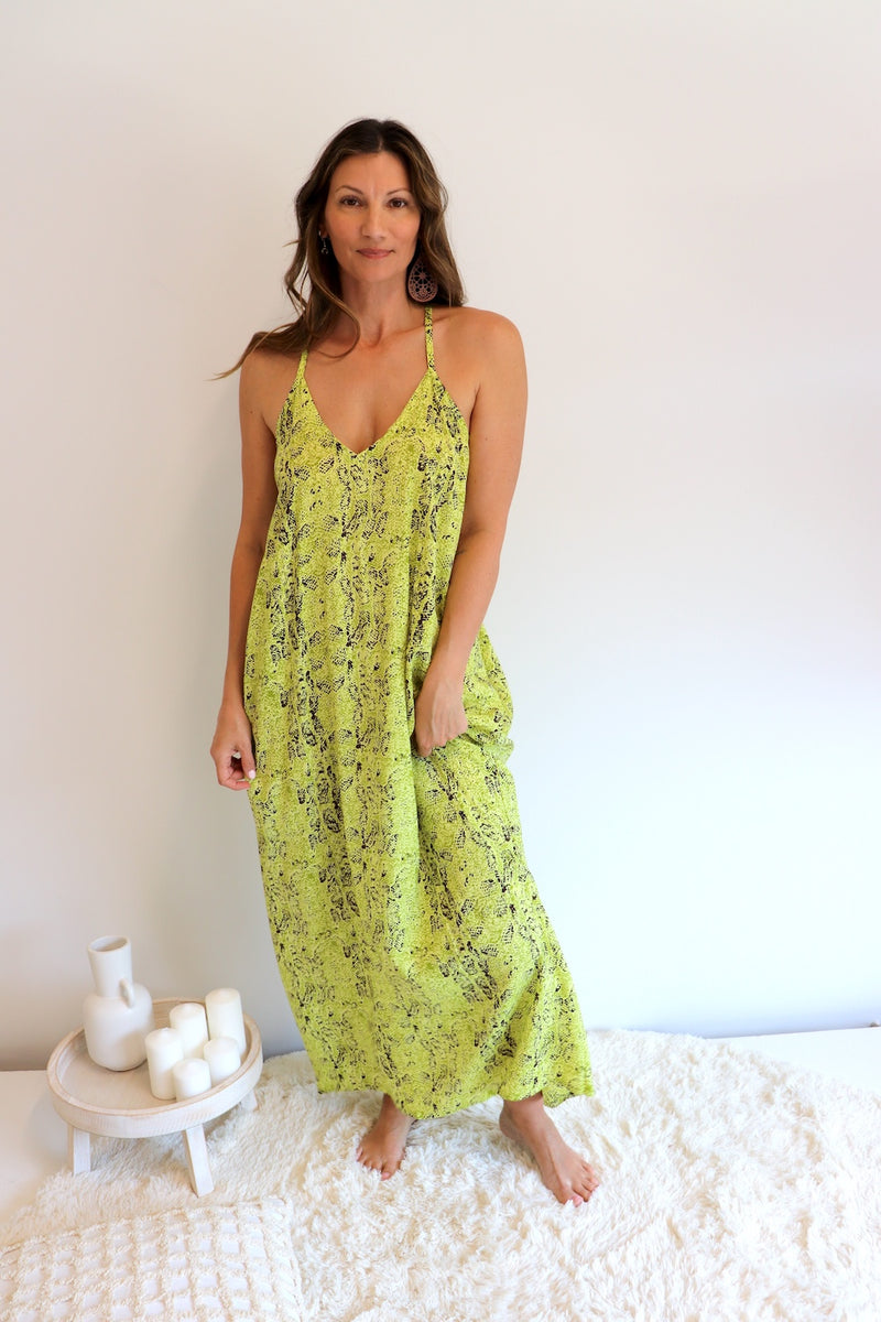Semi Backless Long Maxi in Lime Fossil