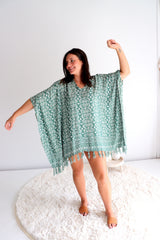 Short Kaftan With Tassels In Sage Green