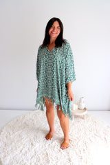 Short Kaftan With Tassels In Sage Green