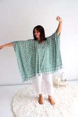 Short Kaftan With Tassels In Sage Green