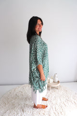 Short Kaftan With Tassels In Sage Green
