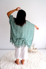 Short Kaftan With Tassels In Sage Green