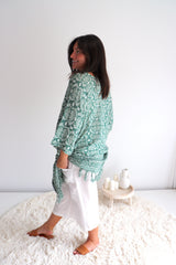 Short Kaftan With Tassels In Sage Green