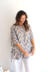 Short Pom Pom Kaftan in Taupe Zig Zag