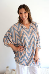Short Pom Pom Kaftan in Taupe Zig Zag