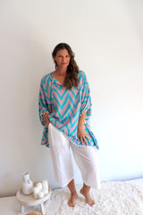 Short Pom Pom Kaftan in Teal Zig Zag