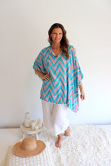 Short Pom Pom Kaftan in Teal Zig Zag