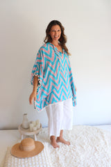 Short Pom Pom Kaftan in Teal Zig Zag