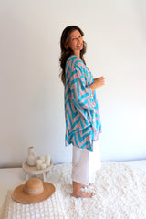 Short Pom Pom Kaftan in Teal Zig Zag
