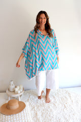 Short Pom Pom Kaftan in Teal Zig Zag