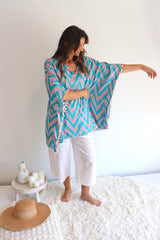 Short Pom Pom Kaftan in Teal Zig Zag