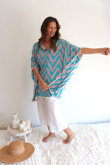 Short Pom Pom Kaftan in Teal Zig Zag
