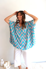 Short Pom Pom Kaftan in Teal Zig Zag