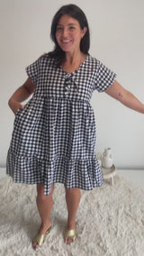 Baby Doll Button Up Dress In Cotton Gingham Black & White