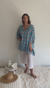 Short Pom Pom Kaftan in Teal Zig Zag