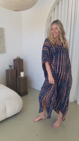 Long Kaftan In Choc Navy Tie Dye