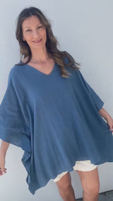 Cotton Short Kaftan in Blue Stone