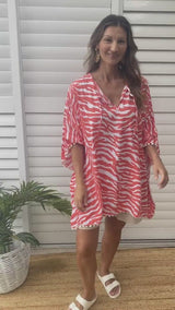 Short Pom Pom Kaftan in Zebra Coral
