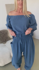 Blue Stone Cotton Elastic Long Pant